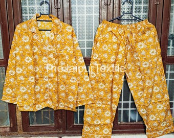 Hand Block Print Cotton Pajama Set, Lightweight Summer Loungewear, Floral Nightwear