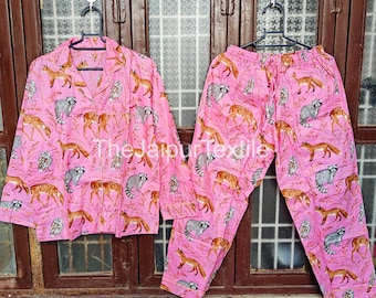 Pink Cotton Pajama Set, Woodland Animal Block Print Loungewear