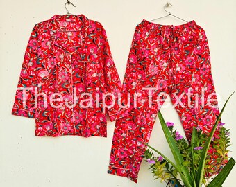Hand Block Print Cotton Pajama Set, Floral Lounge Wear, Soft Sleepwear