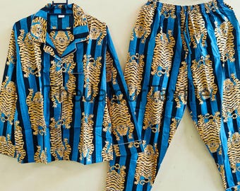 Pyjama-Set aus handbedruckter Baumwolle, Tiger-Nachtwäsche, Loungewear aus Jaipur