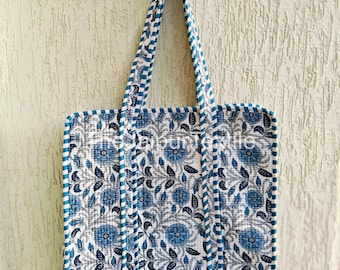 Cotton Quilted Tote Bag: Indian Floral Block Print, Boho Beach Bag