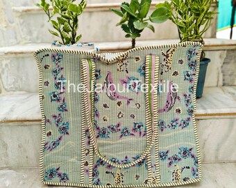 Floral Handprinted Cotton Quilted Tote Bag, Boho Beach Bag