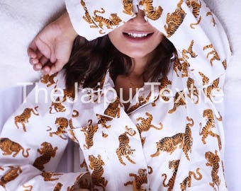 Tiger Print Pajama Set - Women's Cotton Sleepwear, Long Sleeve Loungewear