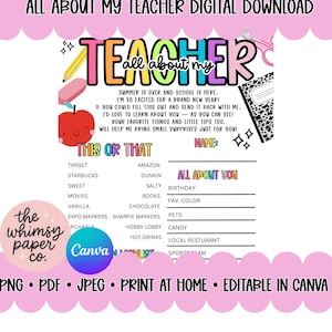 Könnte beinhalten: Ein digitaler Download-Druck mit dem Titel „All About My Teacher“. Das farbenfrohe Design enthält Ausfüllfelder für Lieblingsdinge, einen „This or That“-Bereich und den Text „Print at Home“ und „Editable in Canva“.