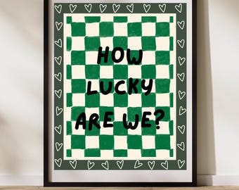 Estampado de corazón de tablero de ajedrez verde: Decoración retro para dormitorios, ¡Qué suerte tenemos!