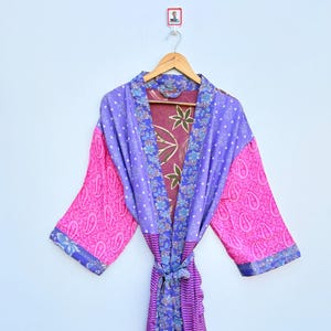 Pink Patchwork Kimono Robe, Silk Sari Kimono Robe, Nightgown Robe Wrap Silk Kimono, Kimono Jacket Bathrobe, Sleepwear Dressing Gown Coat