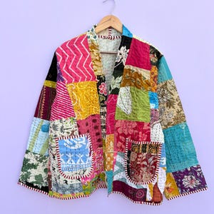 Kantha Reversible Short Length Spring Bolero Bohemian Melange Artist Unisex Front Tie Open Jacket white Hue Quirky Festival Patchwork