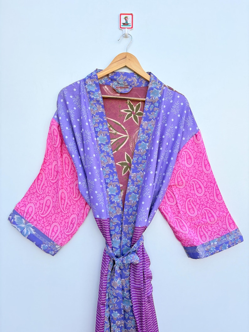 Pink Patchwork Kimono Robe, Silk Sari Kimono Robe, Nightgown Robe Wrap ...