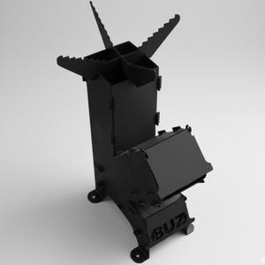 May include: A black metal wood stove with a unique design. The stove has a rectangular body with a chimney-like structure and a built-in firebox. The top features four angled supports. The base has a curved design with the word "BUZ" on the side.