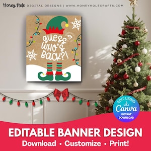 May include: A rectangular Christmas banner design with the text "Guess Who's Back?!" featuring an elf hat, feet, and snowflakes. The banner is brown with green, red, and white accents. The banner is an editable design that can be downloaded, customized, and printed.