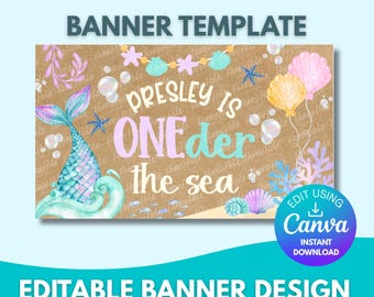 Plantilla de pancarta de cumpleaños de ONE-der the Sea / Primer cumpleaños de sirena, fiesta bajo el mar, Canva editable