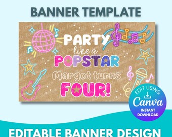 Plantilla de cumpleaños para una fiesta de cantante de pop, karaoke neón, papel marrón, Canva editable