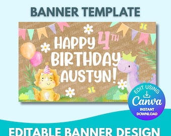 Dinosaur Birthday Banner Template | Girls Pastel Dino Party, Stomp Roar, Brown Paper, Editable Canva