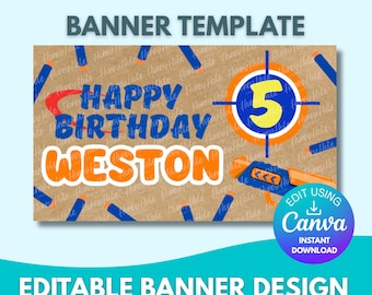 Plantilla de cumpleaños para fiesta de Nerf / Bullseye, papel marrón, Canva editable
