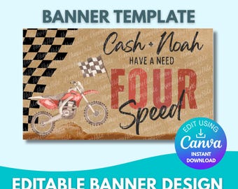 Striscione di compleanno a tema motocross/BMX, carta marrone, tela modificabile.