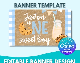 Plantilla de pancarta de cumpleaños "Leche y galletas" / "Un dulce niño", cuadros azules, papel marrón, Canva editable