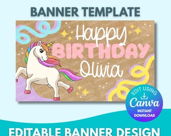 Plantilla de cumpleaños de unicornio colorido / Arcoíris, papel marrón, Canva editable