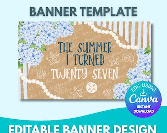 The Summer I Turned Birthday Template | TSITP, Hydrangeas, Pearls, Brown Paper, Editable Canva