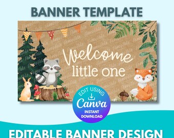 Plantilla de baby shower de animales del bosque, papel marrón, Canva editable