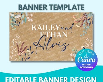 Mall för banderoll för bröllopsförlovning | Neutrala blommor, elegant minimalistisk fest, brunt papper, redigerbar canvas