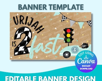 Modello di compleanno con due auto da corsa veloci / Corse, secondo compleanno per bambino, carta marrone, tela modificabile
