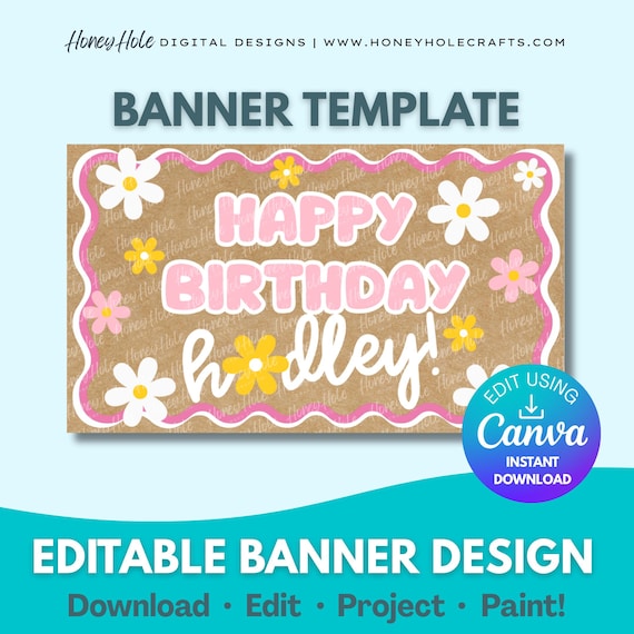 Daisy Birthday Banner Template | Simple Flowers, Girls Squiggle Border, Brown Paper, Editable Canva