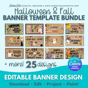 Puede incluir: Un paquete de plantillas de banners digitales con 25 diseños de Halloween y otoño. Los diseños incluyen frases como "Trick or Treat", "Spooky Vibes" y "Happy Halloween!" Las plantillas son editables con Canva y están disponibles para descarga instantánea.
