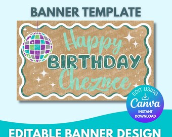 Girly Birthday Banner Template | Brown Paper, Fun, Squiggle Party, Editable Canva