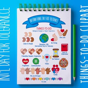 May include: A digital planner page with the text "International Day for Tolerance" and "Things-To-Do." The page includes illustrations of hands, hearts, and a globe, with the text "We are All Equal" and "To Love."