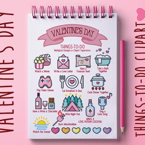 May include: A digital planner page with a Valentine's Day theme, featuring a list of activities such as watching a film, writing a letter, and having a treasure hunt. A pink pencil lies beside the notepad. The words "Things-To-Do" are at the top.