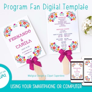 May include: Digital wedding fan templates with floral designs. The fans display names "Fernando & Camila" and wedding details. The image includes a smartphone and tablet showing the fan design.