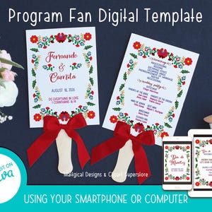 May include: Two white program fan templates with red floral designs and red bows. The text reads "Fernando & Camila" and "August 18, 2016". A smartphone and tablet display similar designs. The text reads "Program Fan Digital Template".