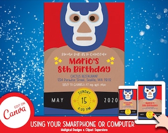 Invitación para fiesta de lucha libre: plantilla editable de Canva para celebraciones con temática mexicana (10x15 cm y 13x18 cm)