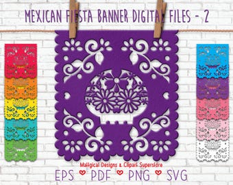 May include: A purple paper banner with a floral design is the focal point, suspended by wooden clips. The banner is flanked by colorful paper banners in red, orange, yellow, green, blue, purple, pink, and white. Text at the top reads "MEXICAN FIESTA BANNER DIGITAL FILES - 2".