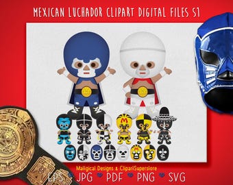 ¡Caos enmascarado! Conjunto de imágenes prediseñadas de luchador mexicano: 19 PNG + 19 SVG (300 DPI)