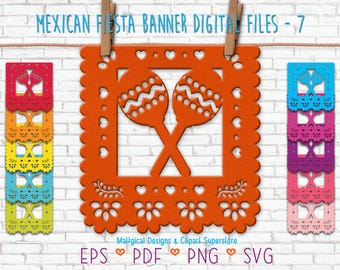 Maracas Papel Picado Banner: Mexican Fiesta Clipart (Eps, Svg, Png