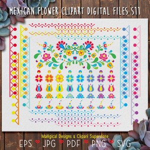 Könnte beinhalten: Digitaldruck mit mexikanischen Blumen-Cliparts. Das Design umfasst verschiedene florale Elemente und dekorative Bordüren in einer lebendigen Palette aus Rot, Gelb, Blau und Lila. Der Text "MEXICAN FLOWER CLIPART DIGITAL FILES S11" befindet sich oben.