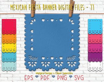 Floral Papel Picado Banner: Editable Mexican Fiesta Clipart (Eps, Svg, Png)