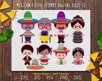 Puede incluir: Una ilustración digital con personajes temáticos de la Fiesta Mexicana con vestimenta tradicional, incluyendo sombreros y vestidos coloridos. La imagen incluye el texto "MEXICAN FIESTA CLIPART DIGITAL FILES S2".