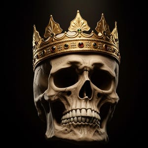 Puede incluir: Imagen detallada de una calavera humana con una corona dorada. La corona está adornada con piedras preciosas rojas y verdes. La calavera es blanquecina con grietas visibles, sobre un fondo negro.