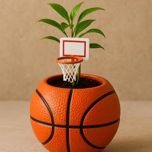 May include: A basketball-shaped plant pot in orange with black lines, featuring a miniature basketball hoop and a green plant. The hoop has a white net and a white rectangular backboard with a red border. The plant has several green leaves.