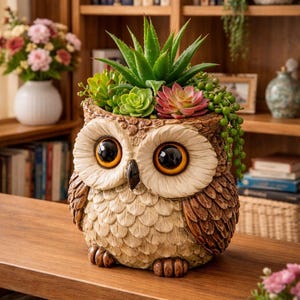 May include: A detailed owl-shaped planter, crafted from ceramic, holds a variety of succulents. The owl features large, expressive eyes and detailed feather textures in shades of brown and beige. The planter is a decorative item for home decor.