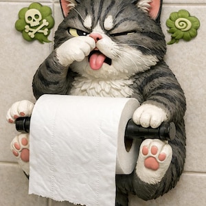 Puede incluir: Un portarrollos de papel higiénico con forma de gato. El gato atigrado gris y blanco sostiene un rollo de papel higiénico y parece disgustado. Líneas de olor verdes estilizadas y detalles decorativos añaden humor.