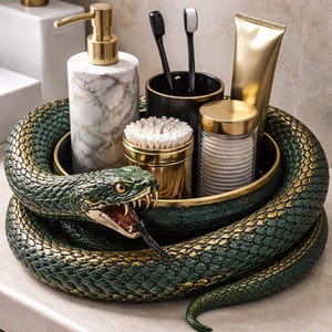 Può includere: Un vassoio da bagno decorativo a forma di serpente verde e oro, avvolto attorno a un vassoio con bordo nero e oro. Il vassoio contiene un dosatore di sapone in marmo, un portaspazzolini nero e contenitori dorati.