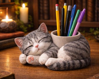 Sleeping cat themed desktop pen holder (stl file)