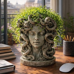 May include: A grey Medusa head planter with green foliage. The planter has detailed snake-like hair and a serene face. It sits on a wooden desk with books and a computer mouse.