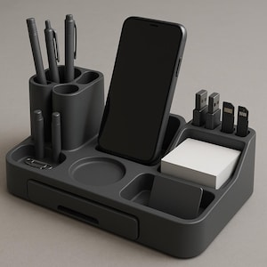 Puede incluir: Un organizador de escritorio gris oscuro con compartimentos para bolígrafos, un teléfono inteligente, unidades USB y papel de notas. El organizador incluye un cajón pequeño y un clip. El diseño es elegante y moderno, adecuado para la oficina o el hogar.