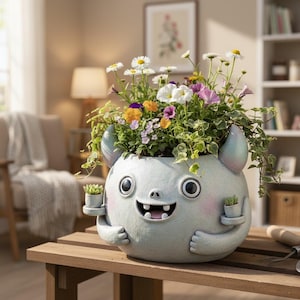 May include: A whimsical, light blue monster-shaped planter filled with colorful flowers and greenery. The planter has large eyes, a smiling mouth, and small horns. It holds tiny potted plants in its hands. The planter sits on a wooden table in a well-lit room.
