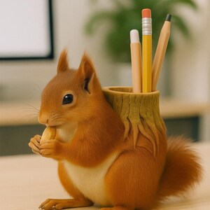Könnte beinhalten: Ein skurriler Schreibtisch-Organizer in Form eines Eichhörnchens, das eine Nuss hält. Das Eichhörnchen hat eine warme braune Farbe mit einem weißen Bauch. Ein Stifthalter ist in das Design integriert, das einem Baumstumpf ähnelt und mehrere Bleistifte enthält.