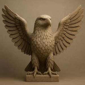 May include: A detailed sculpture of an eagle with outstretched wings. The eagle is carved from a light brown material, with intricate feather detailing. The sculpture is mounted on a rectangular base, and the background is a solid, neutral colour.
